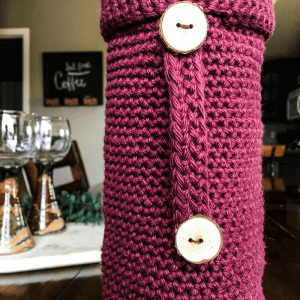 Give the best hostess gift. A crochet wine bottle cover will add a thoughtful tough to a classic bottle of wine.