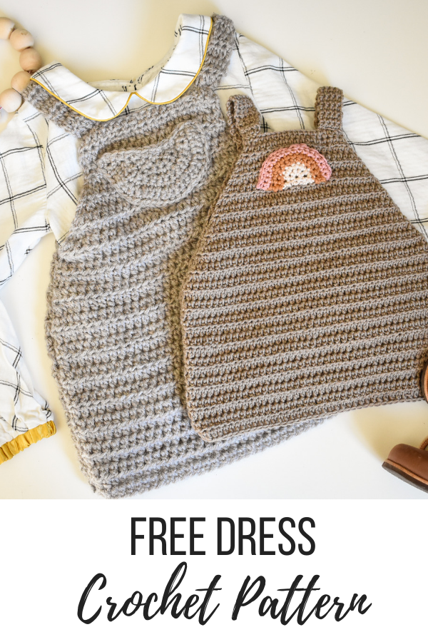 A crochet baby dress pattern with rainbow applique.